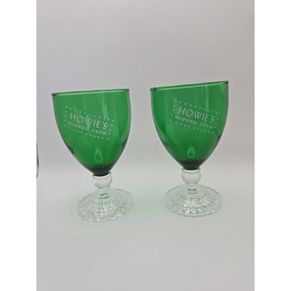 2 Vintage Anchor Hocking Emerald Green Footed Glass Goblet ‎ Howies Supper Club
